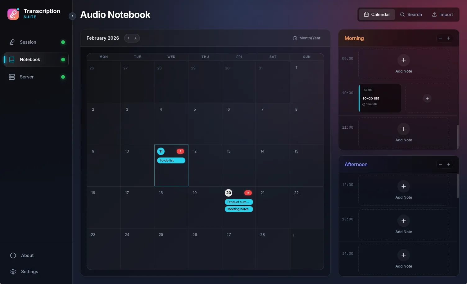 Audio Notebook with calendar view