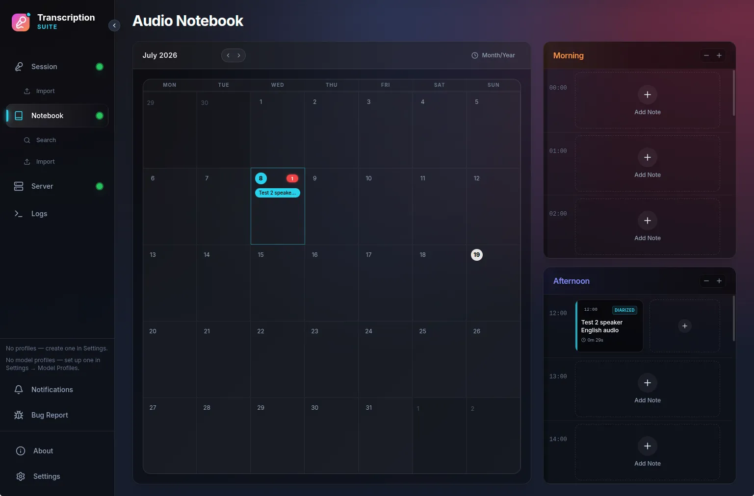 Audio Notebook with monthly calendar and day timeline