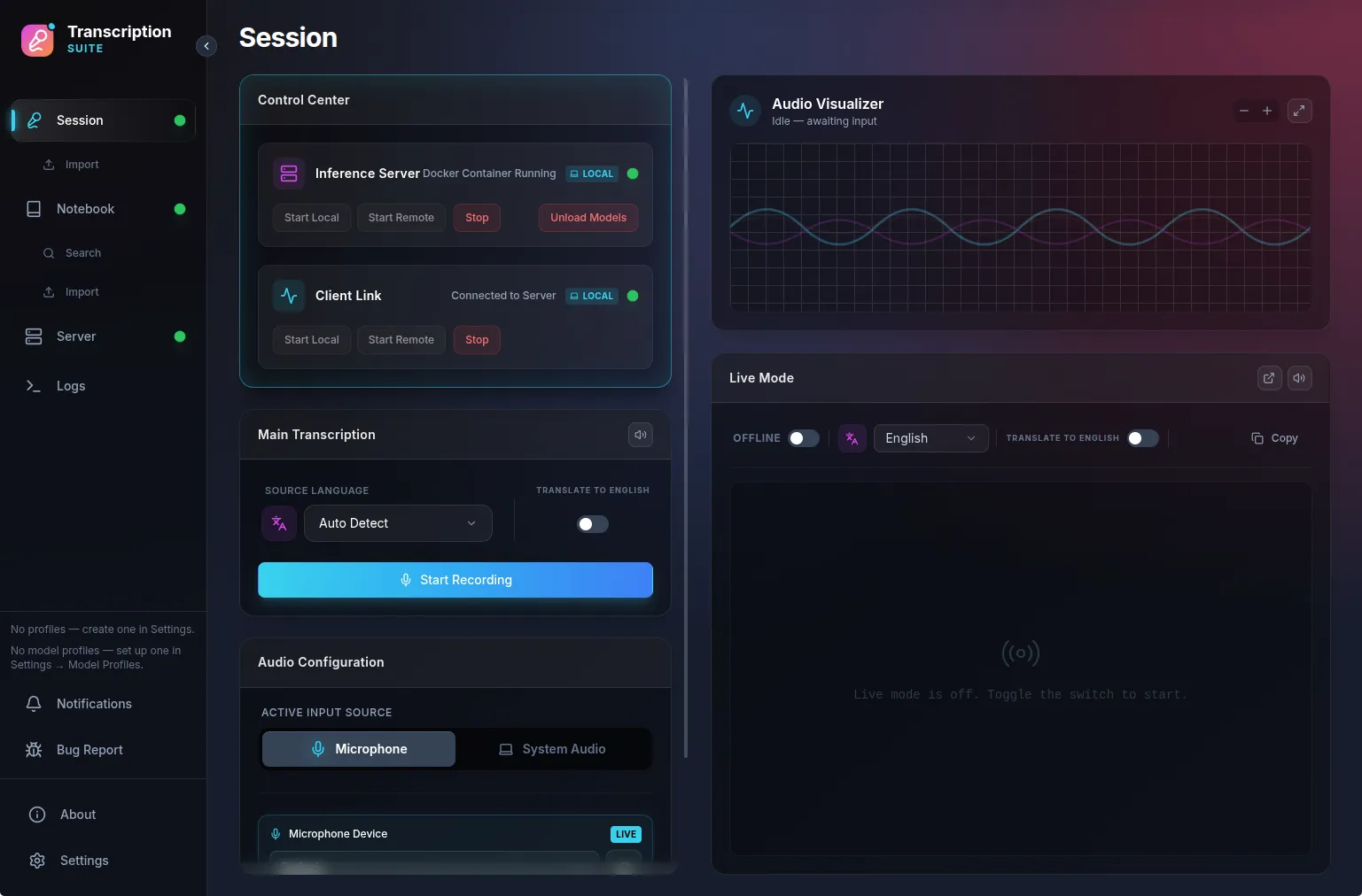 Session view with Control Center, transcription controls, and audio visualizer